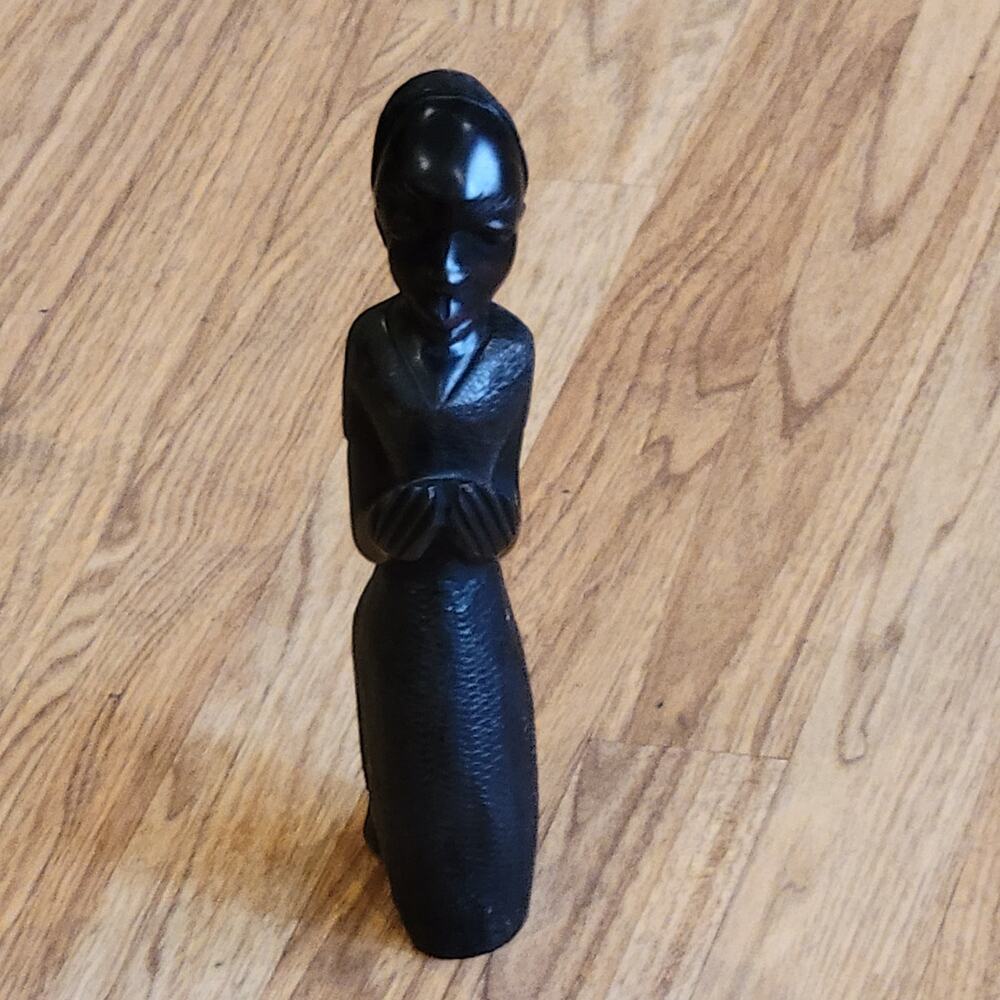 Vintage African kneeling women carved wood iron wood figurine sculpture